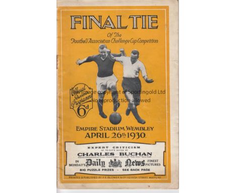 FA CUP FINAL 1930  Programme Cup Final Arsenal v Huddersfield Town at Wembley 26th April 1930. A little worn with some slight