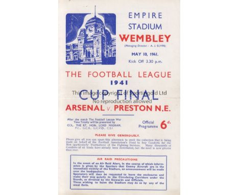 WAR CUP FINAL 1941   Official Programme War Cup Final Arsenal v Preston North End at Wembley 10th May 1941. Horizontal fold w