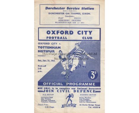 OXFORD CITY - SPURS 61   Oxford City home programme for friendly v Tottenham, 21/1/61, fold, slight creasing.  Generally good