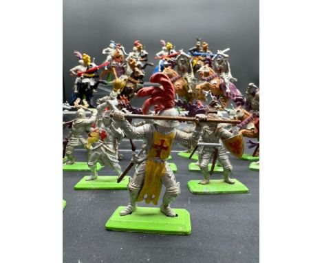 63 Britains Deetail Plastic Knights with metal and plastic stands. (1350g)(Qty 63). Condition Report: - Fair - Good