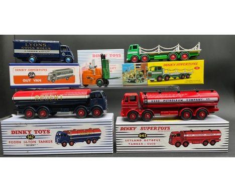 Five Atlas reproduction Dinky SuperToys(1900g)935 Leyland Octopus Flat Truck942 Foden 14-Ton Tanker 'Regent' - specs to the b