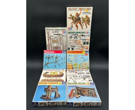 Nine 1:35 scale Tamiya and Italeri military model kits(650g)Vendor has written complete on several boxes (not verified and so