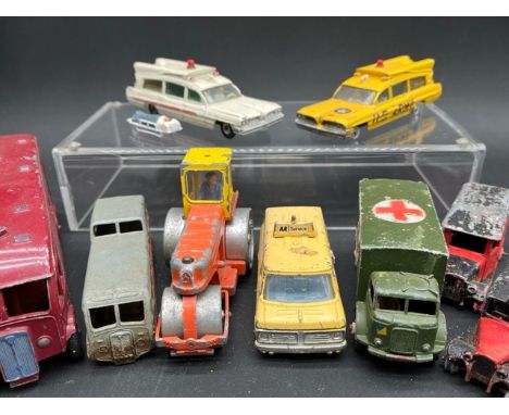 9 Poor condition Dinky die-cast vehicles, includes two Superior Criterion Ambulances one with stretcher other painted yellow 
