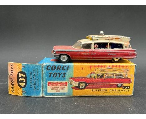 Corgi Toys - 437 Superior Ambulance on Cadillac Chassis with windows, red body with cream roof, with roof light, boxed (yello