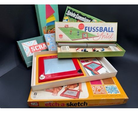 Six Vintage games including Etch-a-sketch &amp; Fussball Spiel. (4350g). (6) All complete in their boxes. Etch-a-sketch still