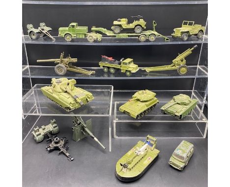 Military vehicles and field guns. Dinky (8) and Corgi (1).  12 items total.(3200g). Condition Report: - Vehicles - Fair