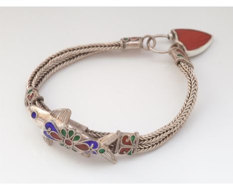 925 sterling silver and hardstone fish design bangle with heart shaped padlock fastening 
