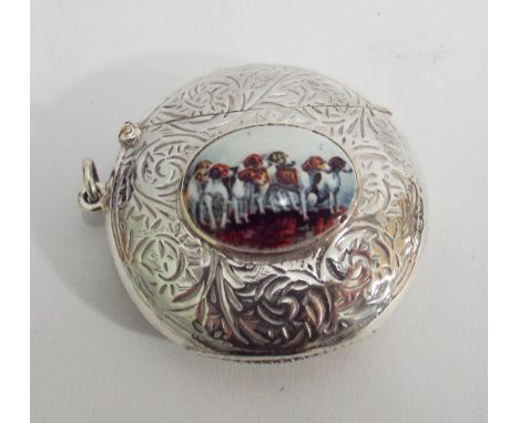Circular engine turned silver vesta case with applied hunting dog motif stamped 925