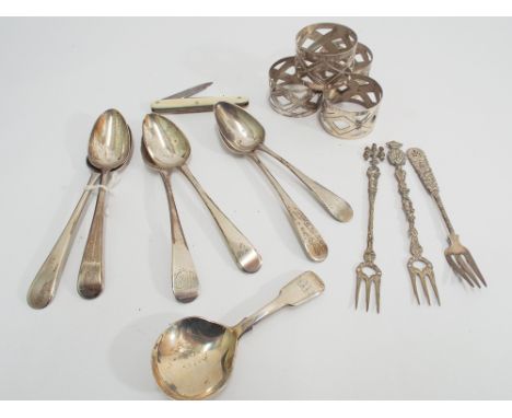 6 Georgian silver tea spoons, Victorian silver tea caddy London 1852, four silver plated serviette rings etc. 
