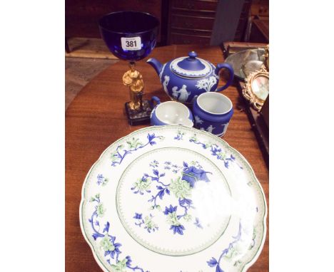 3 piece Wedgwood blue Jasper tea service, minor defects, Royal Worcester cake plate and a Bristol blue glass mounted comport 