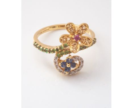 18ct gold multi gem set unusual dress ring modelled as flowers, ring size N