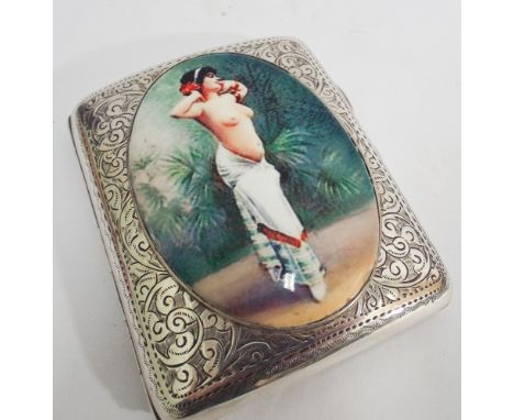 Hallmarked silver engine turned cigarette case with applied oval enamel depicting a nude dancing girl 