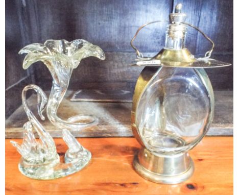 Musical wine bottle lamp and a glass swan decorated Epergne 