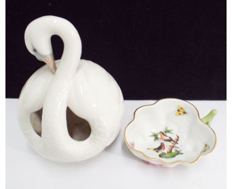 Herend porcelain heart shaped dish painted with flowers and birds and a Lladro swan 