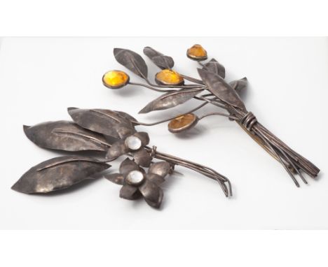 Two similar vintage flower spray brooches, set with paste stones, unmarked but test as silver.
largest measures approx 12 cms