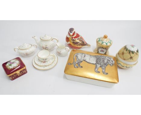 Miniature Coalport tulip tree breakfast set, Royal Crown Derby bird paperweight, modern Limoges style trinket boxes and a Wed