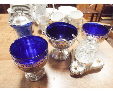 Silver plated and Bristol blue glass sweet meat baskets, silver plated and cut glass mounted honey jar and a Mary Gregory sty