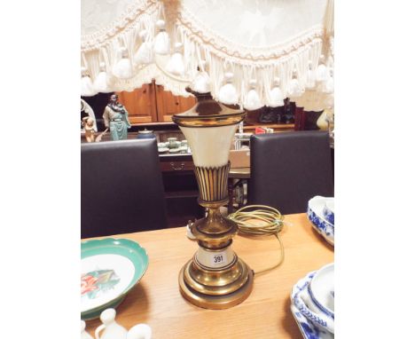 Brass and white porcelain table lamp with cream patterned shade 