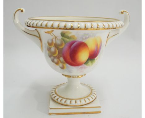 Royal Worcester twin handled porcelain urn, hand painted with peaches and fruit signed H Ayntom .  15cm tall 