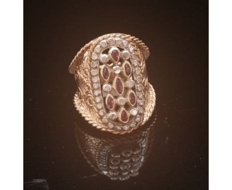 Large foreign gold ruby and diamond dress ring - size P