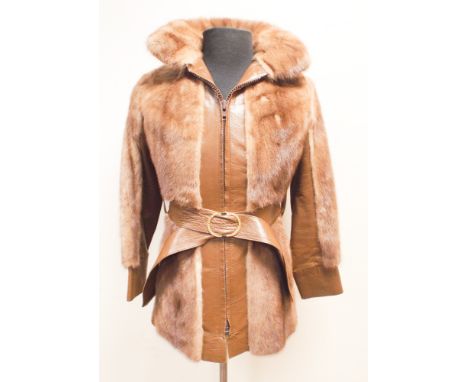 70's vintage tan leather and mink trimmed zip up jacket with belt and gilt metal buckle, approx size 10/12