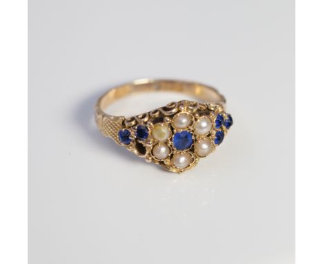 Victorian 15ct gold sapphire and pearl cluster ring, ring size N  one small sapphire missing