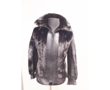 1970s black leather and mink zip up jacket with leather cuffs and gilt button detail approx size 12 