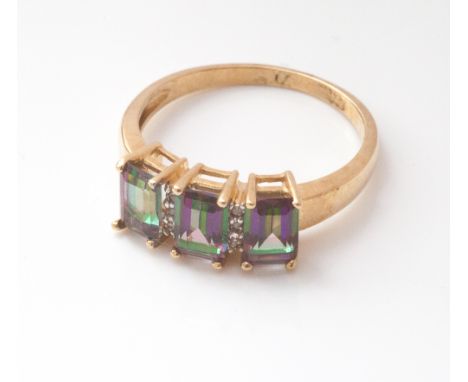 9ct yellow gold Mystic Topaz and diamond 3 stone ring, ring size O