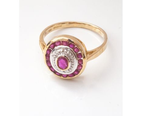 9ct yellow gold ruby and diamond cluster oval ring - ring size M