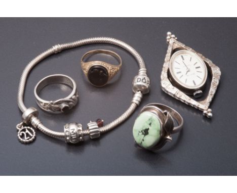 Avia silver ladies pendant watch, Pandora style bracelet, 9ct gold signet ring and two silver dress rings.