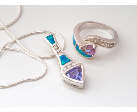 Modern silver opalite and amethyst dress ring and matching pendant on silver chain 