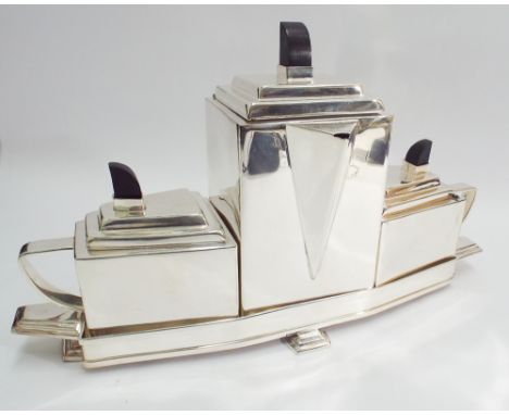 Christopher Dresser style 3 piece silver plated tea service all on fitted tray 