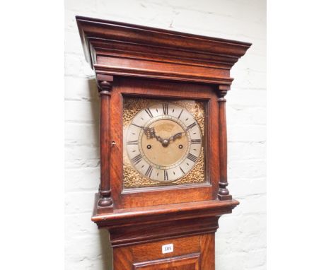 One month country style grandfather clock in oak case with 10" square brass dial with John Inkspen Horsham