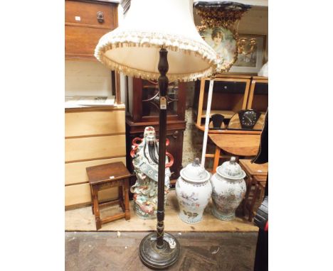 Mahogany reeded column standard lamp with cream shade 