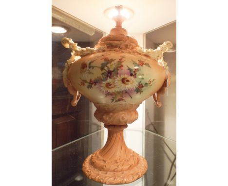 Royal Worcester style blush ivory and floral decorated twin handled urn with lid - 33cm high 