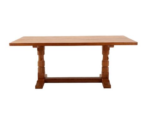 Workshop of Robert Mouseman Thompson (Kilburn): An English Oak 6ft Refectory Dining Table, four-plank dowelled top, on two oc