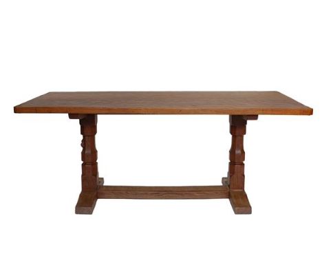 Workshop of Robert Mouseman Thompson (Kilburn): An English Oak 6ft Refectory Dining Table, three-plank dowelled top, with ins