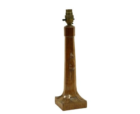 Workshop of Robert Mouseman Thompson (Kilburn): An English Oak Table Lamp, octagonal column on a square base, with carved mou