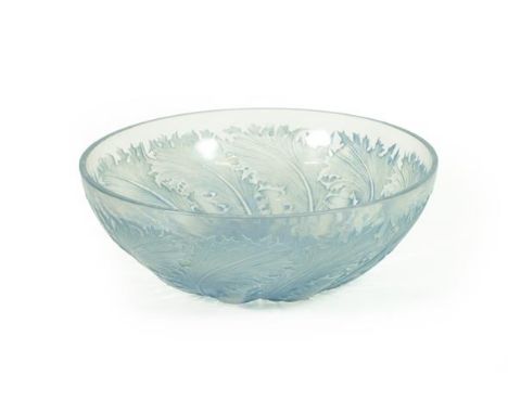 René Lalique (French, 1860-1945): A Chicoree Clear and Blue Stained Glass Bowl, circa 1921, moulded with leaves, stencilled m