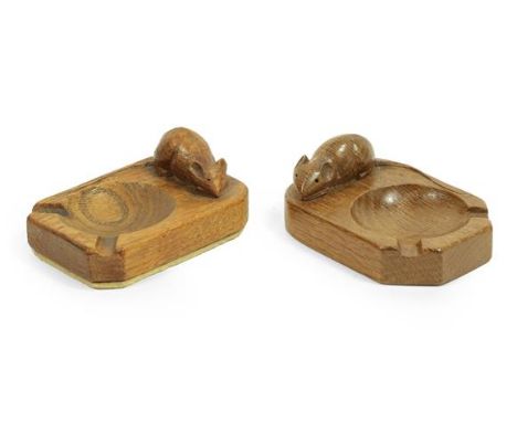 Workshop of Robert Mouseman Thompson (Kilburn): Two English Oak Ashtrays, of standard rectangular form, each with carved mous