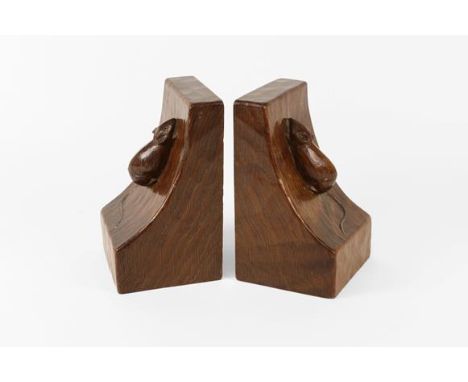 Robert Mouseman Thompson (1876-1955): A Pair of English Oak Single Mouse Bookends, each with carved mouse trademark, 15.5cm h