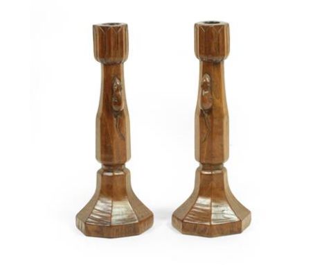 Robert Mouseman Thompson (1876-1955): A Pair of English Oak Candlesticks, of octagonal form with carved petal sockets, each w