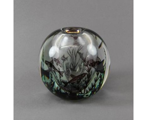 Edward Hald (1883-1980) For Orrefors Fiskgraal Glass Vase, with internal decoration of fish swimming amidst waterweed, cased 