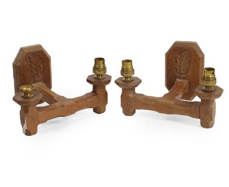 Oakleafman: Fred Suffield (Thirsk): A Pair of English Oak Double Wall Light Brackets, the shaped rectangular backs mounted wi