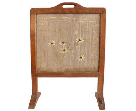 Robert Mouseman Thompson (1876-1955): An English Oak Firescreen, with carrying aperture and penny moulded top, the frame inse