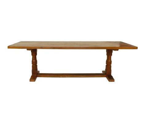 Workshop of Robert Mouseman Thompson (Kilburn): An English Oak 8ft Refectory Dining Table, four plank adzed rectangular top o