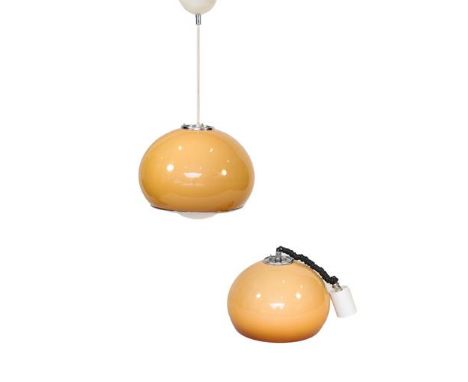 Harvey Guzzini for Meblo Italy: A Rise and Fall Pendant Light, model no.3024, with amber acrylic shade, 35cm by 34.5cm; and A