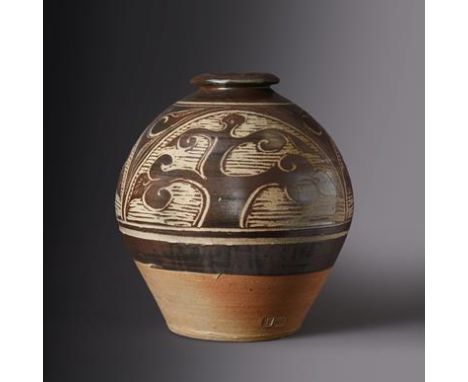 Bernard Leach (1887-1979): A Stoneware Tree of Life Vase, circa 1959, incised and painted with three trees on a mottled ash g