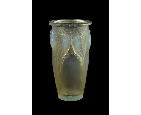 René Lalique (French, 1860-1945): An Opalescent, Stained and Frosted Ceylan No.905 Glass Vase, of tapering cylindrical form, 