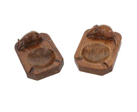 Robert Mouseman Thompson (1876-1955): Two English Oak Ashtrays, of standard rectangular form, each with carved mouse trademar